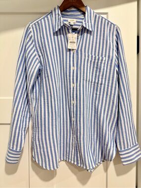 J. Crew Women’s Blue and White Striped Button-Up Shirt